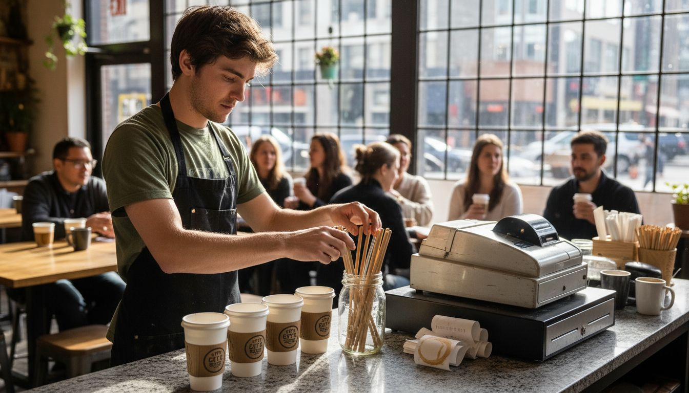 Barista restocking sustainable straws in café