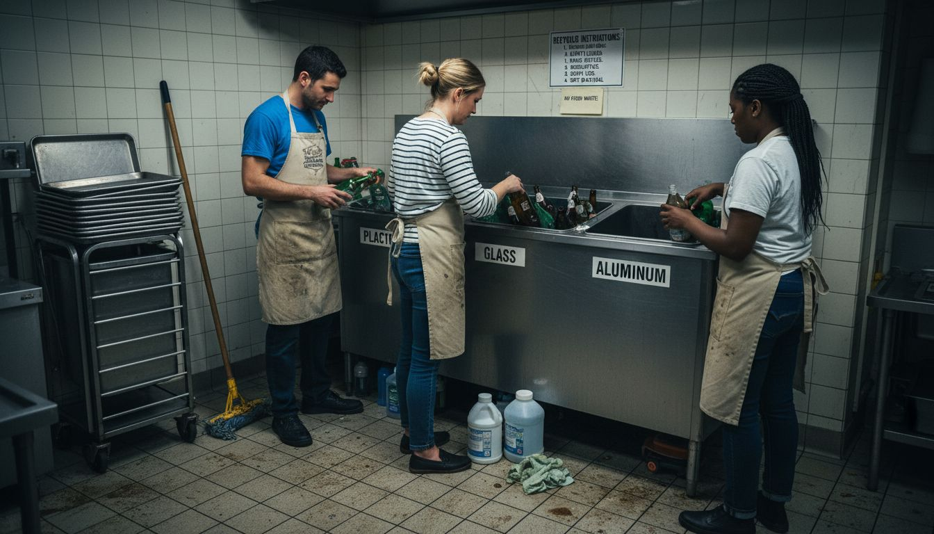 Restaurant staff sorting recyclables in kitchen